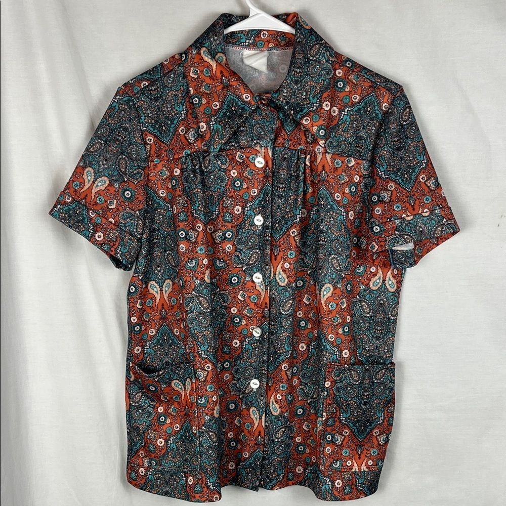 Vintage Turquoise and Coral Paisley Western Button Up Blouse